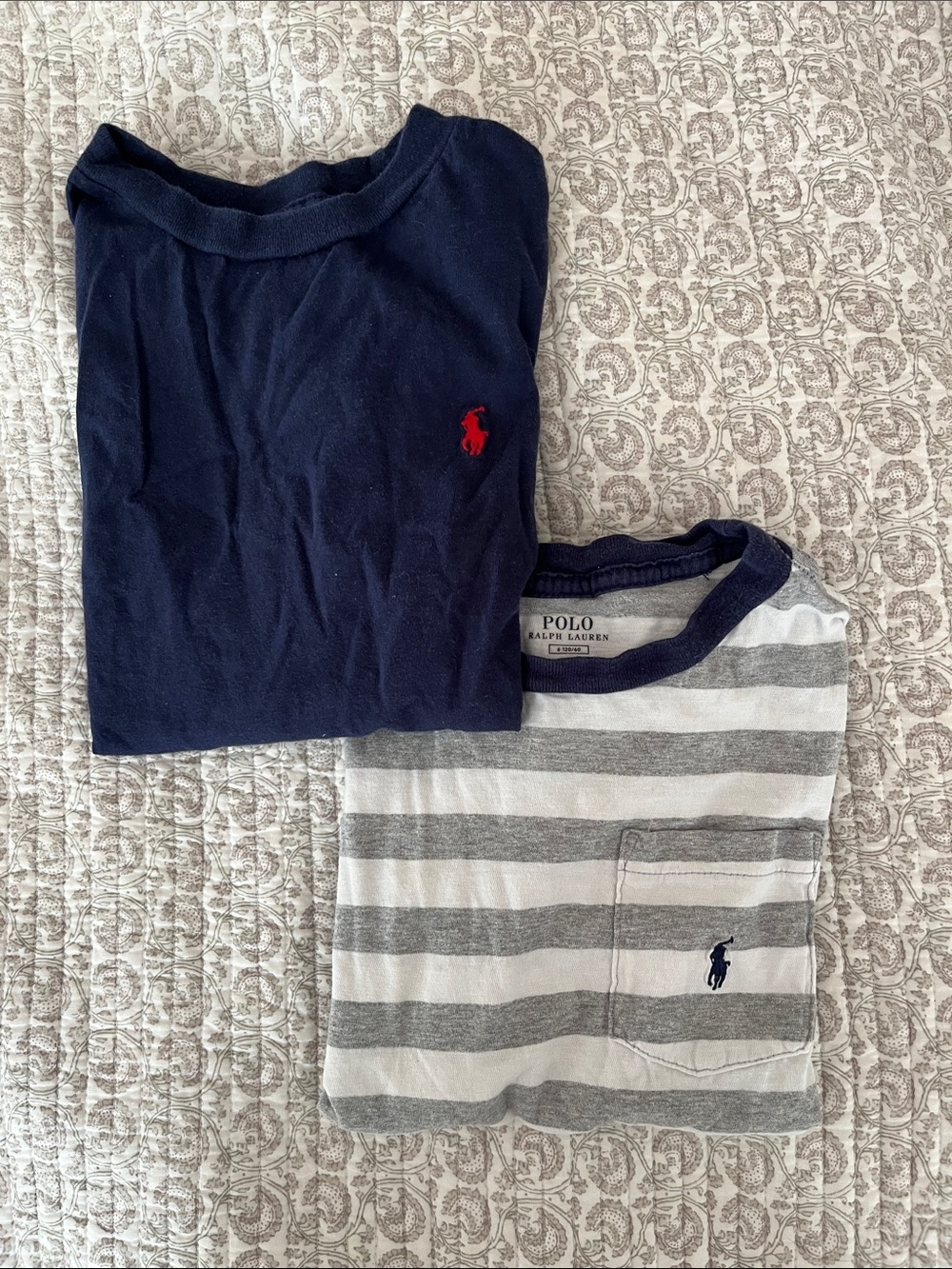 Polo by Ralph Lauren Navy Tee and Gray-White Striped Pocket Tee Set